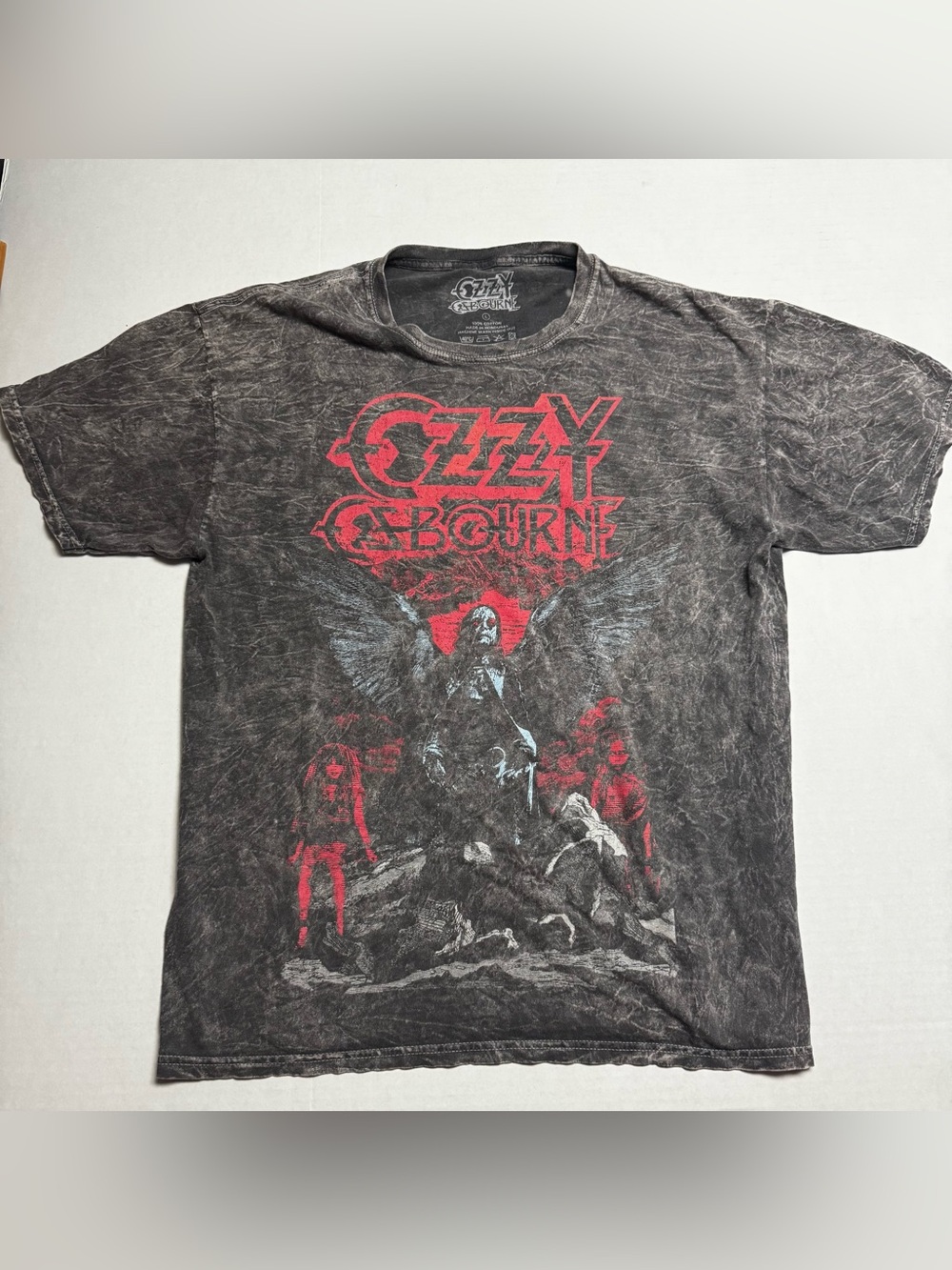 Ozzy Osbourne Angel Wings Distressed Graphics T-Shirt In Acid Wash Gray Size:  L